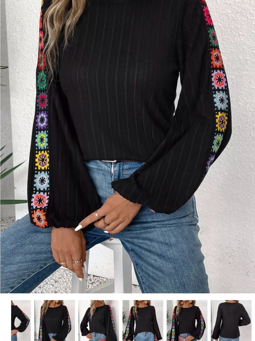 Black Ribbed Long-Sleeve Top with Colorful Floral Sleeve Granny Squares Medium - Picture 3 of 10